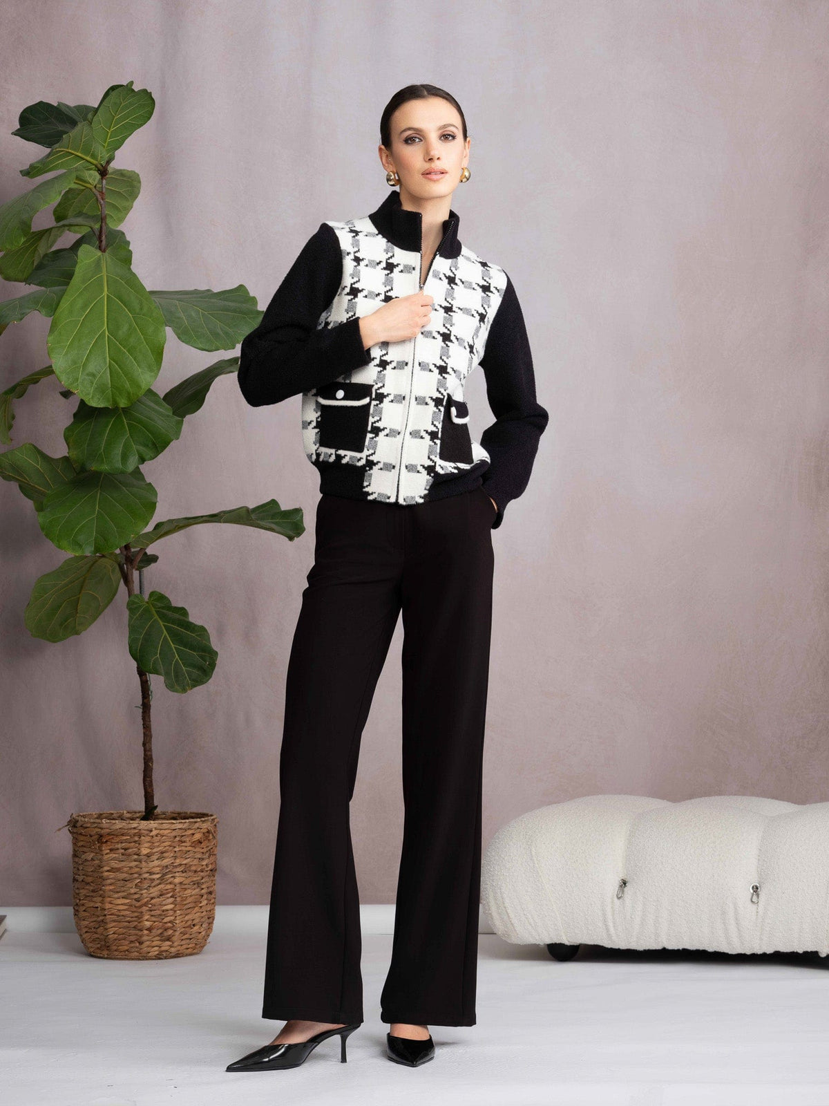 Alison Sheri Check Zip Knit Jacket