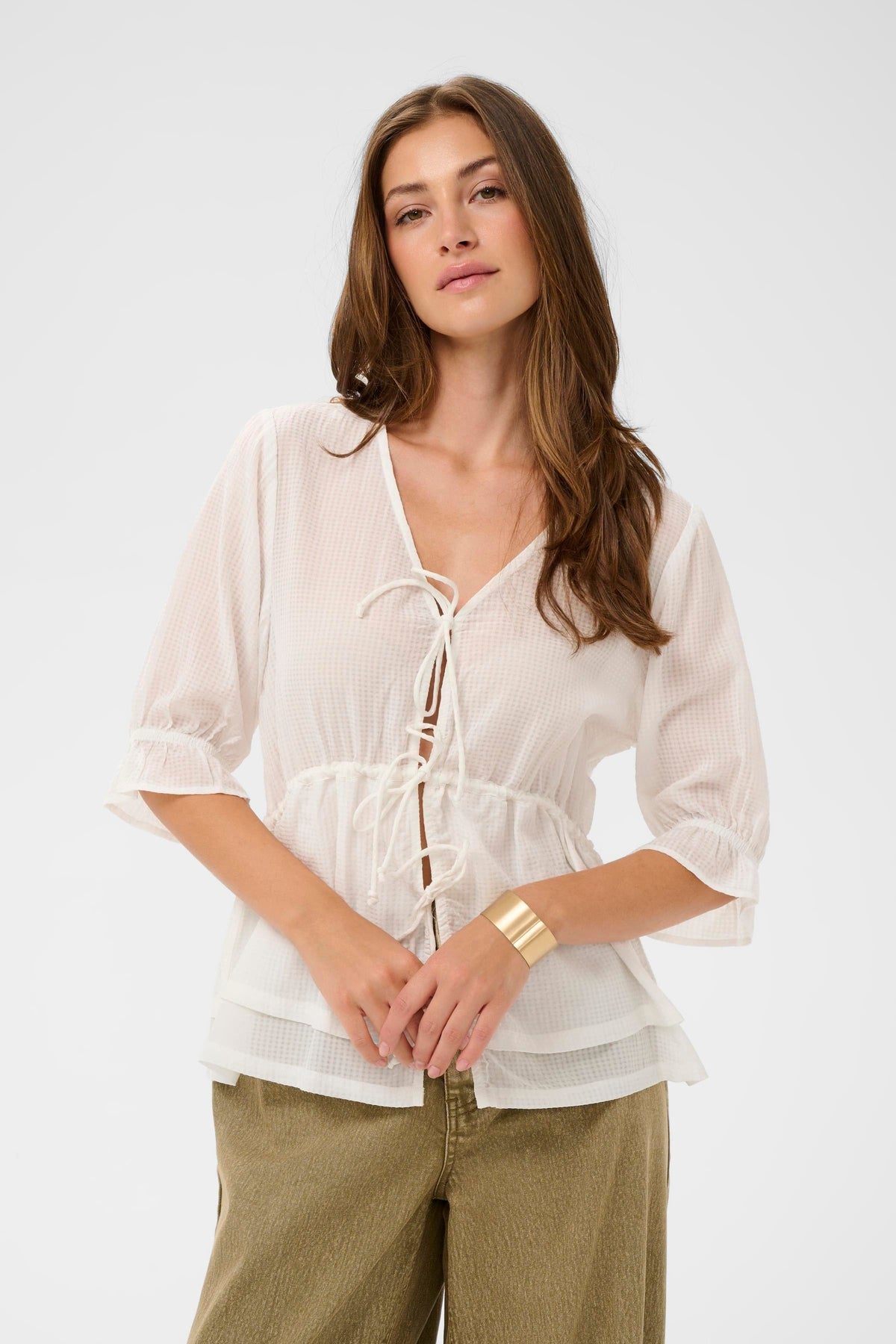 CREAM Front Tie Blouse