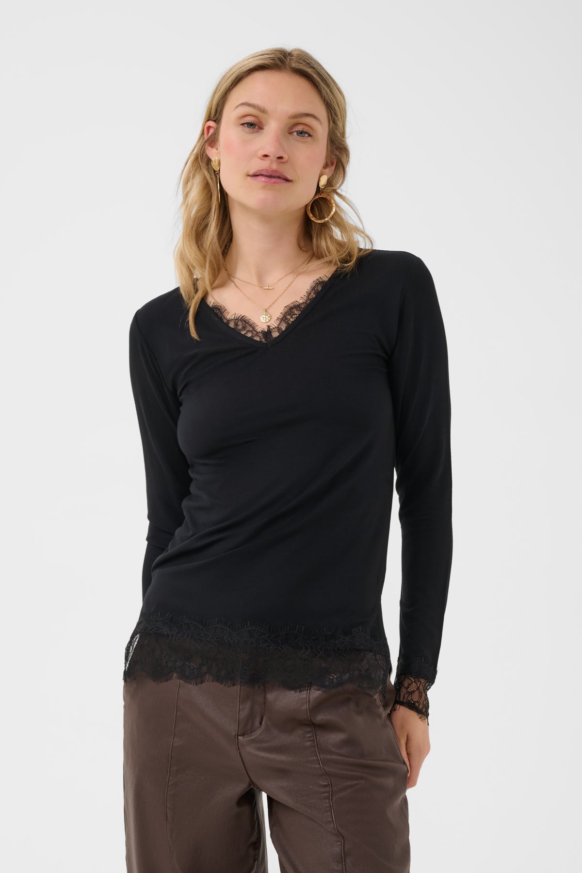 Cream Long Sleeve Lace Detail Top