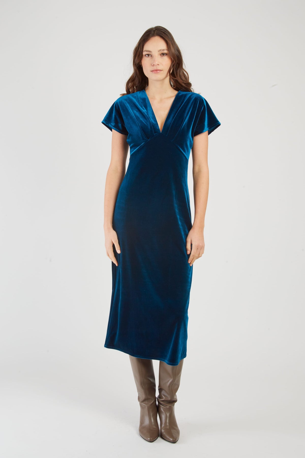 Derhy Pleat V-Neck Velvet Dress