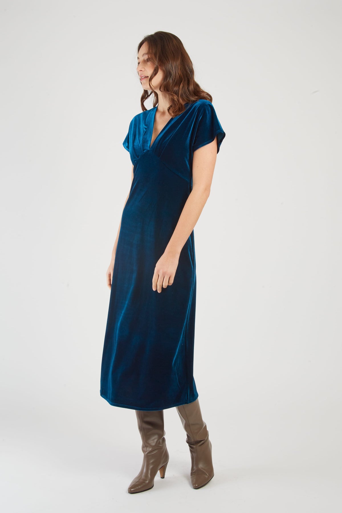 Derhy Pleat V-Neck Velvet Dress