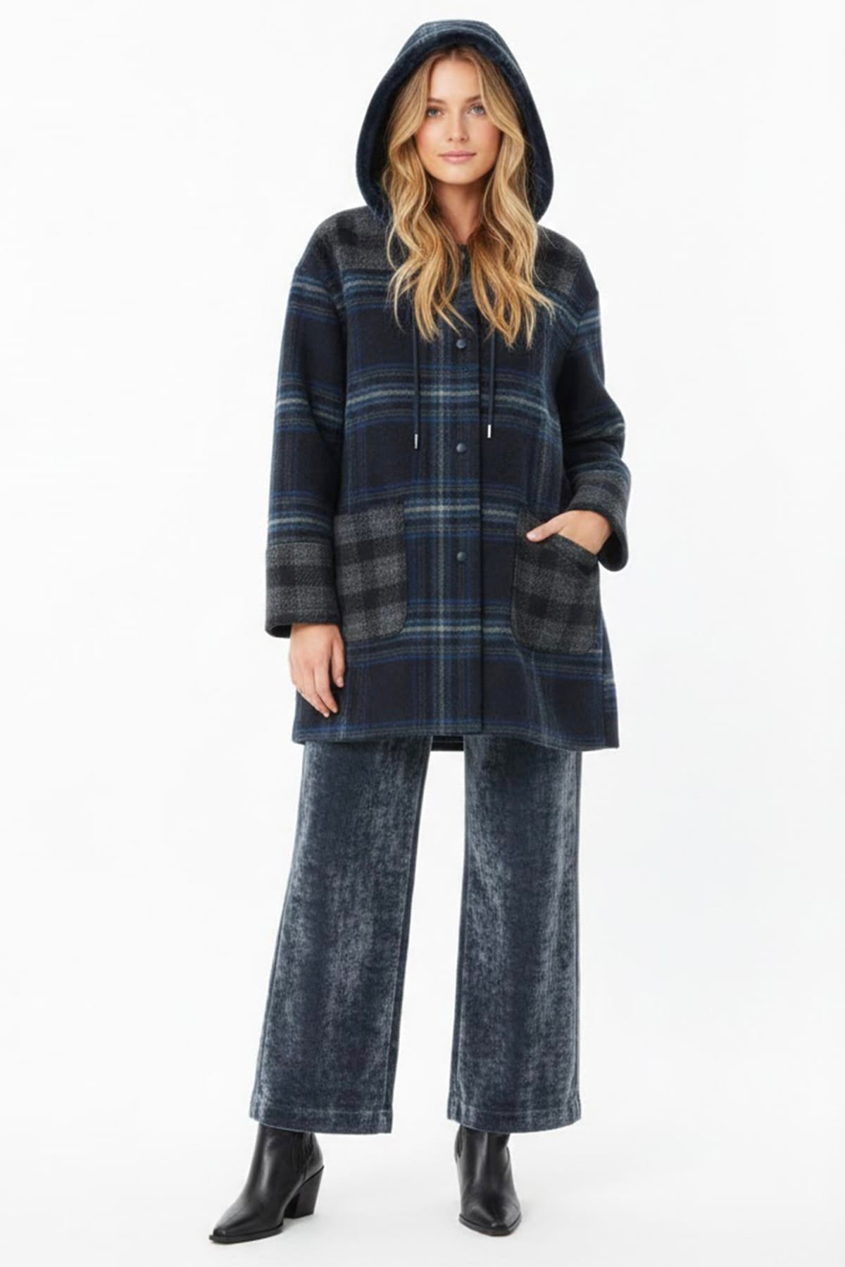 Derhy Plaid Hooded Coat