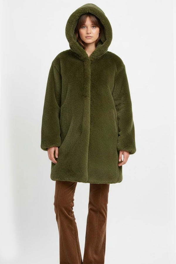 Derhy Hooded Faux Fur Coat