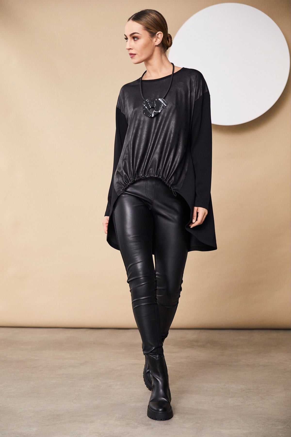 NAYA Ruched Dipped Hem Pleather Top