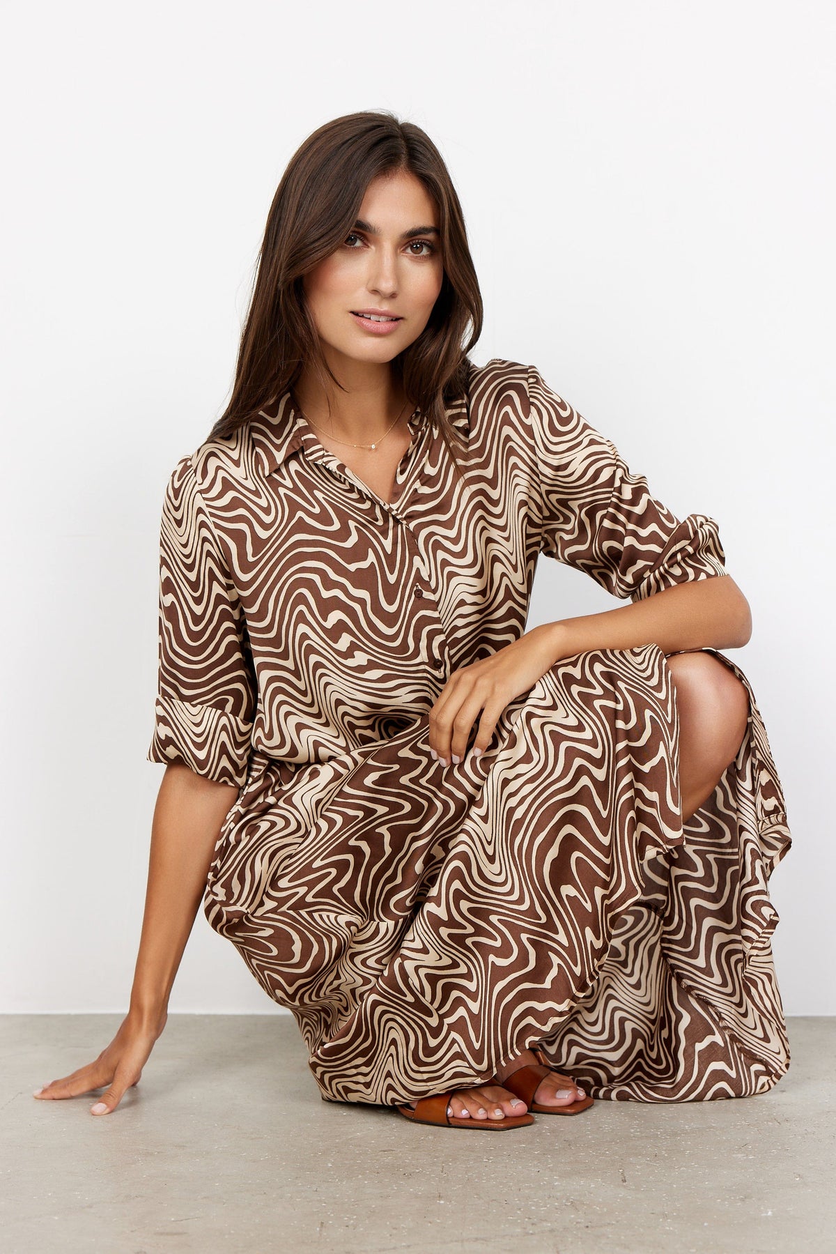 brown swirl print dress Brown Swirl Print Mesh Cowl Neck Maxi Dress